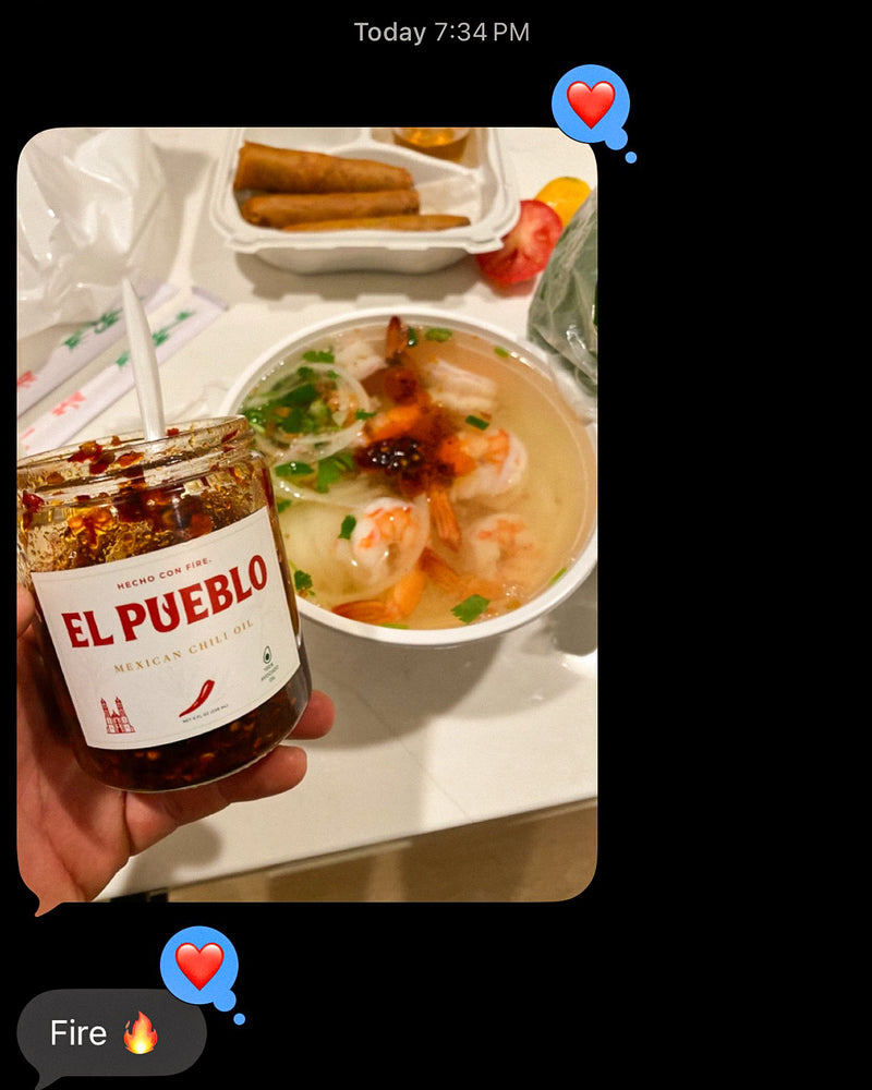Customer photo of pho topped with El Pueblo Mexican chili oil and El Pueblo Jar