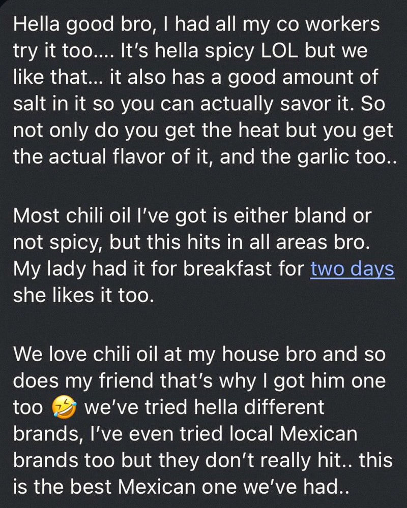 Screenshot of a customer review praising El Pueblo Mexican chili oil
