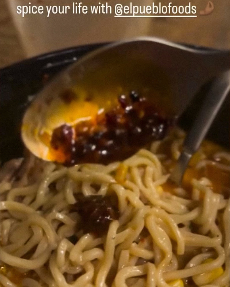 Customer video showing El Pueblo Mexican chili oil added to ramen