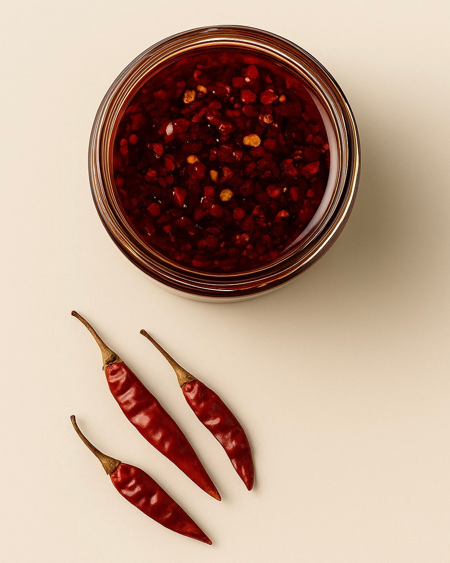 Overhead view of El Pueblo Mexican chili oil made with avocado oil, showing chili flakes and dried red chiles