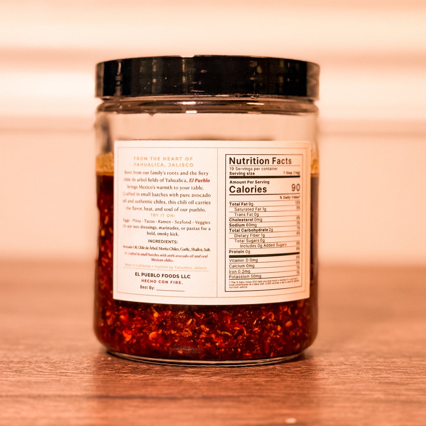 Back label of El Pueblo Mexican chili oil showing ingredients and nutrition facts